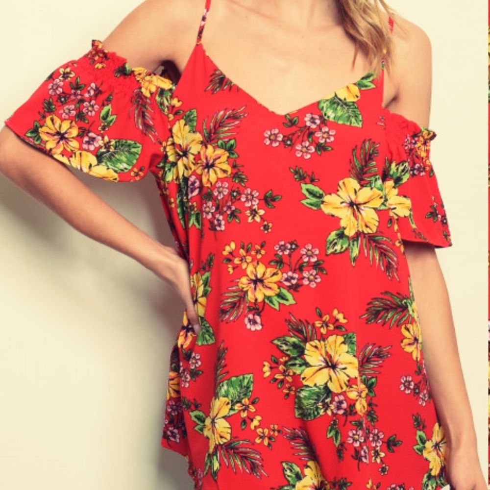 Top Cold MARIE Red Floral Print Cold Shoulder Top - Picture 3 of 5